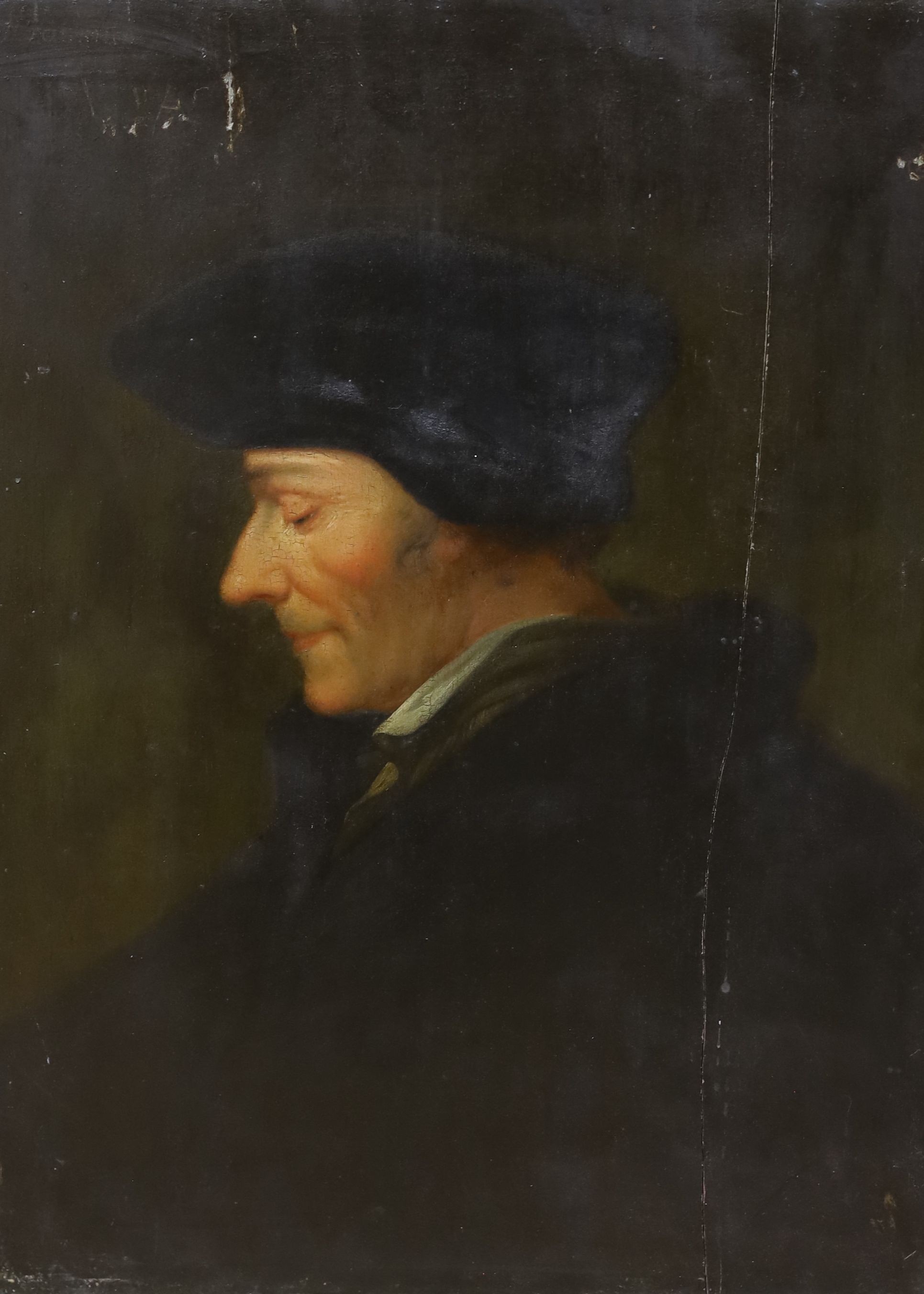 19th century School in the manner of Hans Holbein II, oil on wooden panel, Portrait of Erasmus of Rotterdam, 40cm x 30cm, panel split